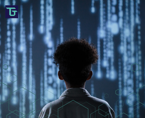 Person looking at futuristic AI interface, symbolizing artificial intelligence growth in Arizona.