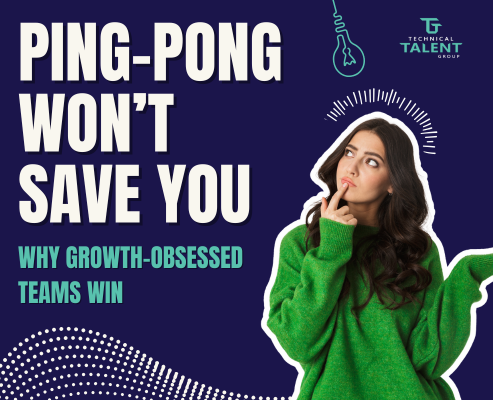 Woman thinking under lightbulb graphic with headline text "Ping-Pong Won’t Save You – Why Growth-Obsessed Teams Win