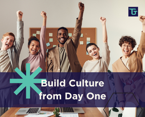 Employees collaborating in a modern office with overlay text about building strong company culture from day one