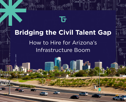 Phoenix skyline with highway in foreground and blueprint overlay, promoting civil engineering hiring for Arizona infrastructure projects.