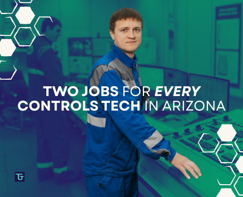 Banner image for Technical Talent Group’s blog titled ‘Two Jobs for Every Controls Tech in Arizona,’ showing a technician operating control systems inside an industrial facility.