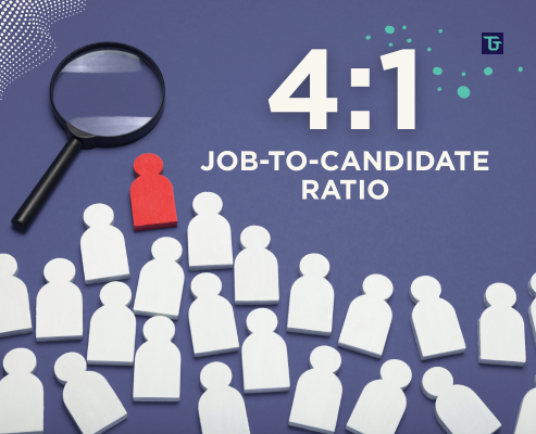 Infographic showing a 4:1 job-to-candidate ratio in Phoenix’s technical workforce, with a red figure among white icons under a magnifying glass, symbolizing Arizona’s tight hiring market.