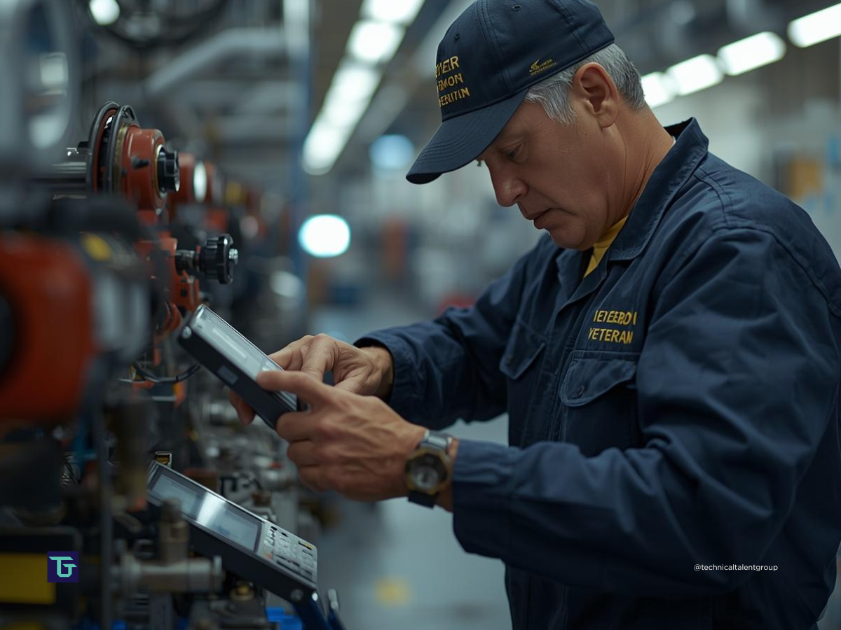 Veteran technician using diagnostic tools in a Phoenix manufacturing plant, highlighting veteran technical careers in Arizona.
