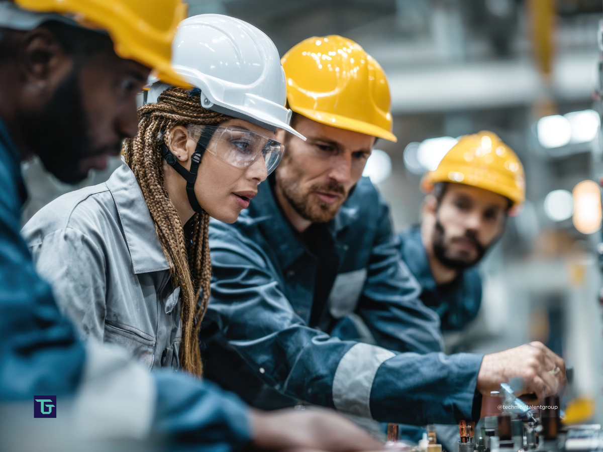 Team of veterans and engineers collaborating on machinery at an Arizona factory, representing veteran technical careers in Arizona.