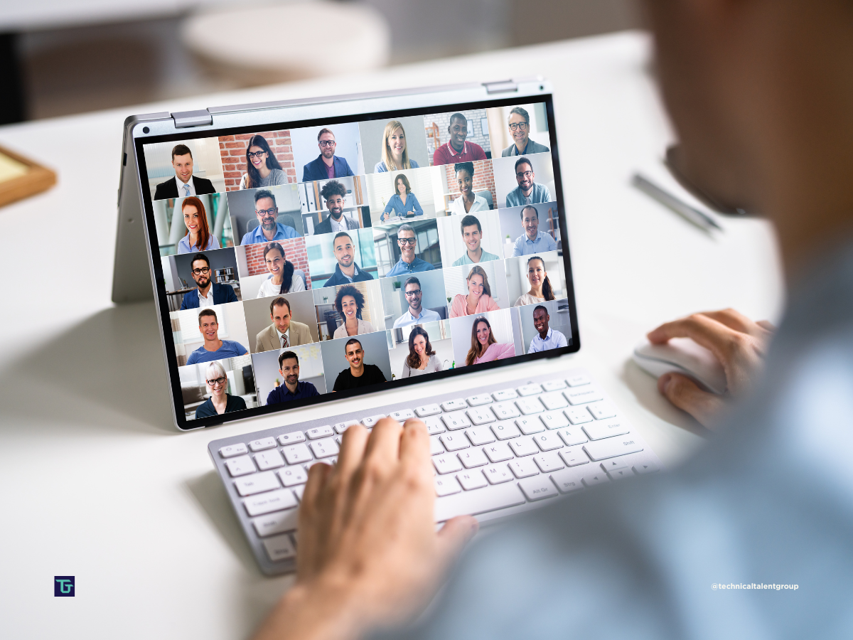 Retained vs contingency search in Arizona shown by a hiring manager reviewing candidates on a remote video call.