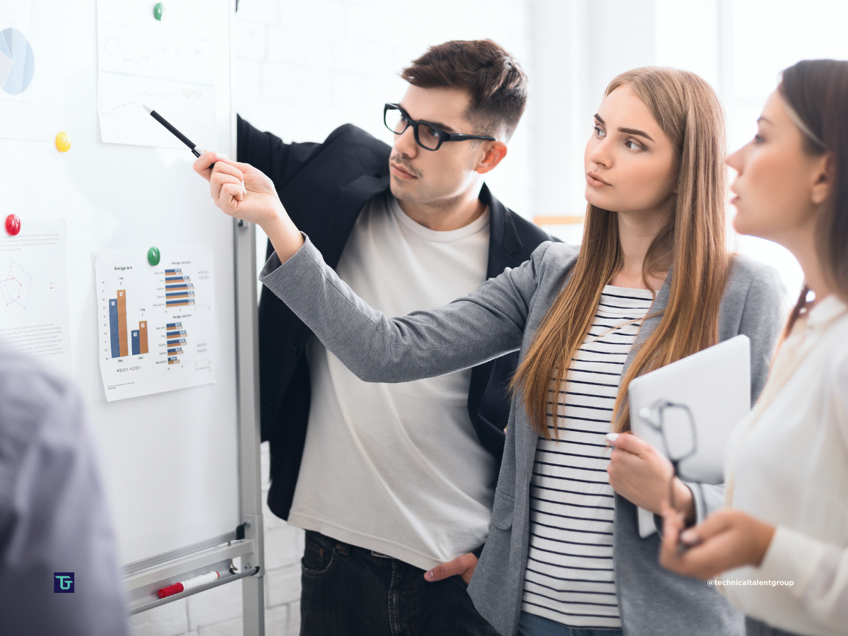 Retained vs contingency search strategy in Arizona guided by a team reviewing hiring data and market charts on a whiteboard.