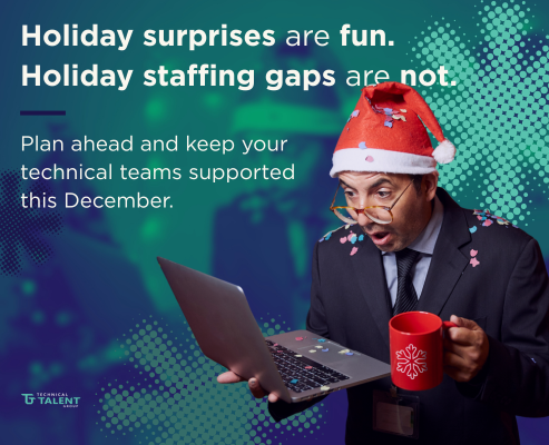 Business professional wearing a Santa hat and holding a laptop and holiday mug, reacting with surprise in an office decorated for Christmas. Banner text says Holiday surprises are fun. Holiday staffing gaps are not.