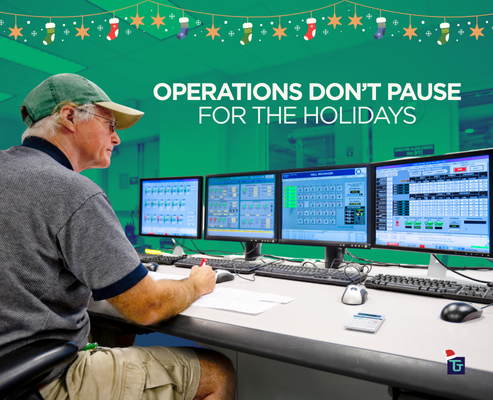 Control room operator monitoring multiple system screens with a holiday garland header and the text “Operations do not pause during the holidays.”