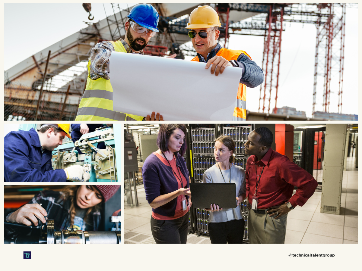 Engineers review construction plans, a technician works on industrial equipment, and an IT team discusses systems in a data center