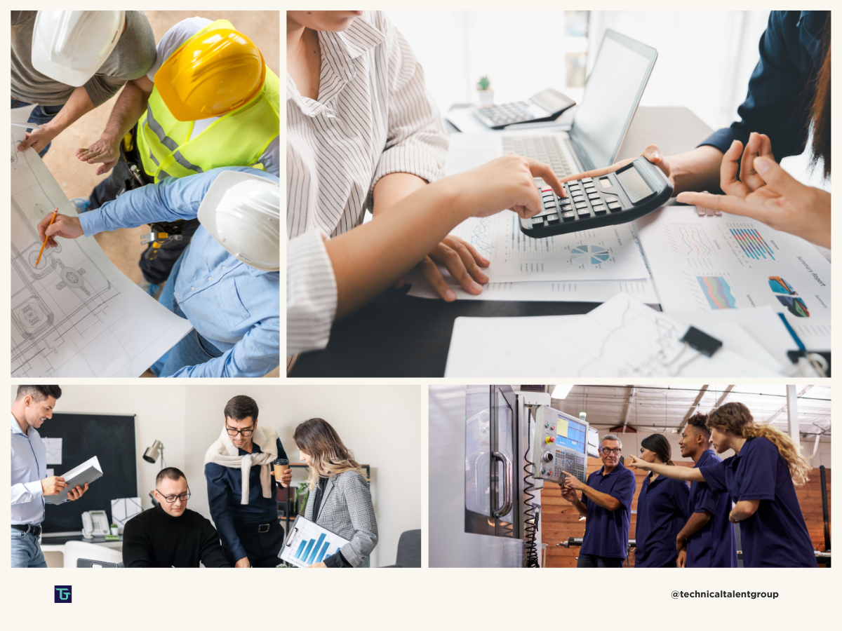 Technical teams review blueprints, work through budget calculations, collaborate in an office meeting, and train on manufacturing equipment