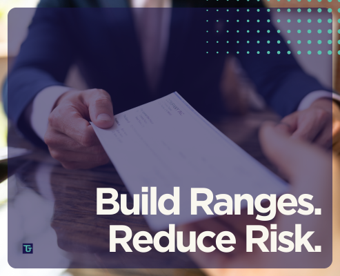 Person handing a document across a desk with text overlay “Build Ranges. Reduce Risk.” for a 2026 technical compensation strategy