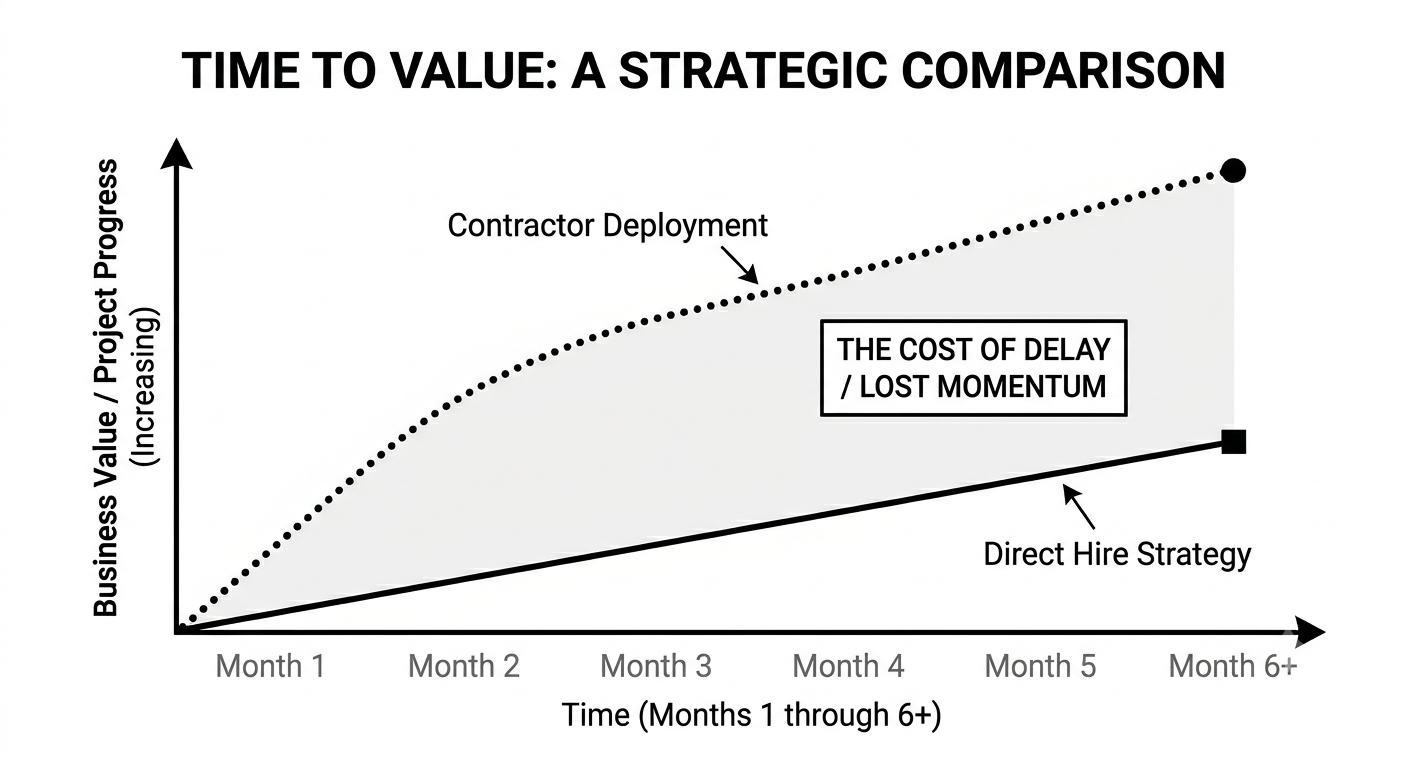 Line graph titled “Time to Value: A Strategic Comparison” showing contractor deployment and direct hire strategies over a six-month period. The dotted contractor deployment curve rises quickly and reaches a higher level of business value, while the direct hire strategy follows a slower, steady upward line. A highlighted area between the two lines is labeled “The Cost of Delay / Lost Momentum.”