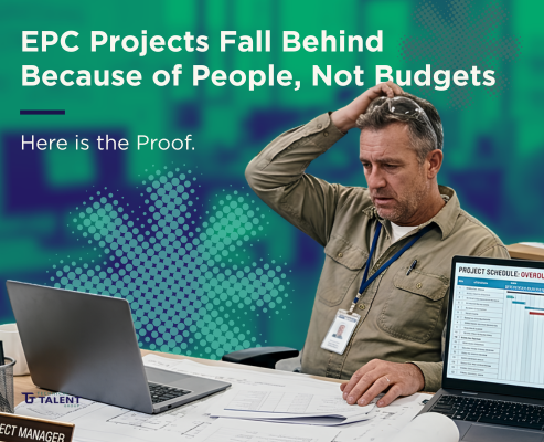 A stressed EPC project manager sits at a desk reviewing project documents while holding his head in frustration. Two laptops, engineering plans, and a project schedule displaying an "Overdue" status emphasize project delays. Overlay text reads, "EPC Projects Fall Behind Because of People, Not Budgets. Here is the Proof." The image highlights how engineering staffing shortages can delay EPC project delivery.