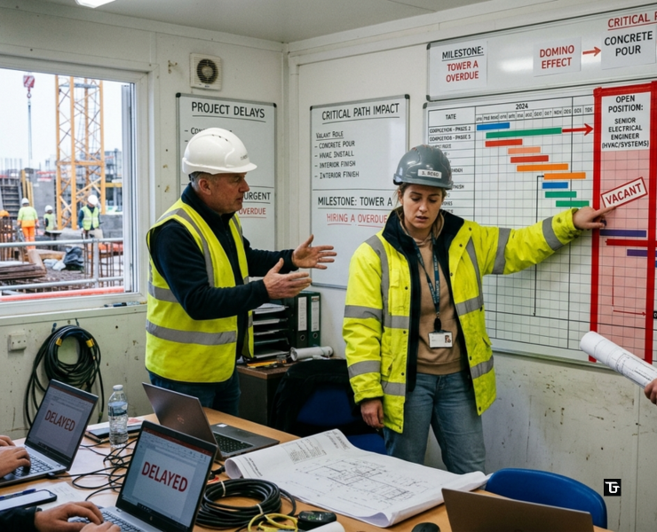 Engineering team in a construction site office pointing to a large schedule board showing a delayed project phase due to a vacant role.