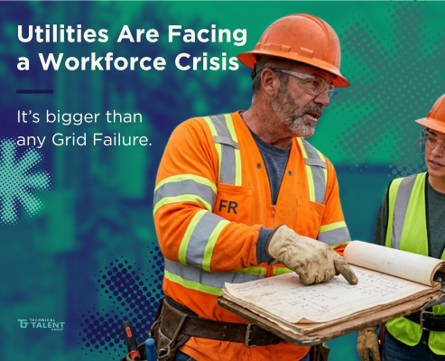 Utility engineers reviewing electrical infrastructure plans during a discussion about the engineering workforce shortage affecting grid modernization projects.