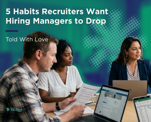 Business leaders reviewing an engineering candidate during a hiring meeting, representing common hiring mistakes engineering recruiters want hiring managers to avoid.