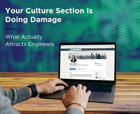 Blog graphic featuring a person using a laptop with the headline “Your Culture Section Is Doing Damage: What Actually Attracts Engineers.”