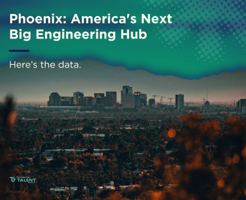 Phoenix skyline with text reading “Phoenix: America’s Next Big Engineering Hub — Here’s the data,” highlighting the city’s growing engineering and technical market.