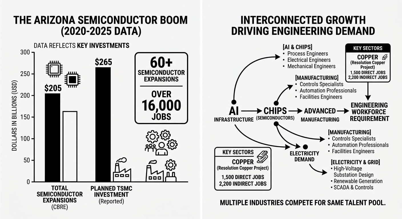 Two infographic panels side-by-side with black and white illustrations and text on a white background. The left panel shows a bar chart comparing "TOTAL SEMICONDUCTOR EXPANSIONS" ($205 billion) with "PLANNED TSMC INVESTMENT" ($265 billion), featuring small icons of chips and gears and a callout box stating "60+ SEMICONDUCTOR EXPANSIONS, OVER 16,000 JOBS". The right panel displays a flowchart linking "AI INFRASTRUCTURE" to "CHIPS (SEMICONDUCTORS)", "ADVANCED MANUFACTURING", and "ENGINEERING WORKFORCE REQUIREMENT", with lists of required engineering roles for each sector. Both panels focus on industrial growth in Arizona.