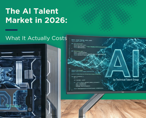AI talent market in 2026 graphic featuring an AI computer display and technology hardware.