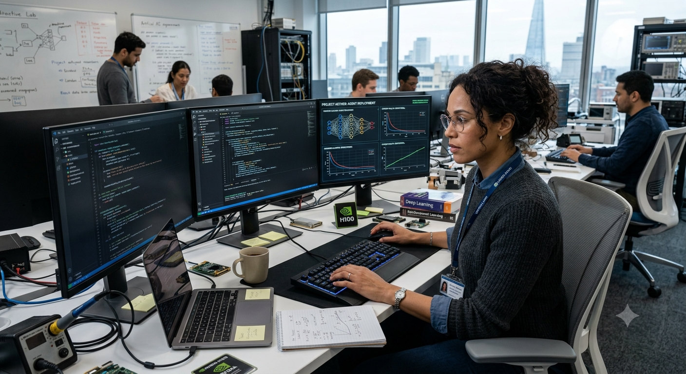 AI talent market in 2026 featuring a computer monitor displaying AI technology and software code, illustrating trends in AI hiring, software development, and technical recruitment.