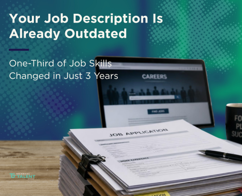 Stack of paper job applications and a laptop showing a careers page with the text Your Job Description Is Already Outdated.