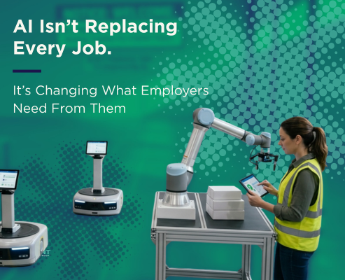 An infographic image with a green background and white text that says "AI Isn't Replacing Every Job. It's Changing What Employers Need From Them". The text is on the left side. The image includes a woman wearing a green high-visibility vest operating a large gray and silver robotic arm on a table with three rectangular objects in a stack on it. The robotic arm has its other hand positioned over the table. Two robotic systems that look like smaller carts are on the bottom left of the image.