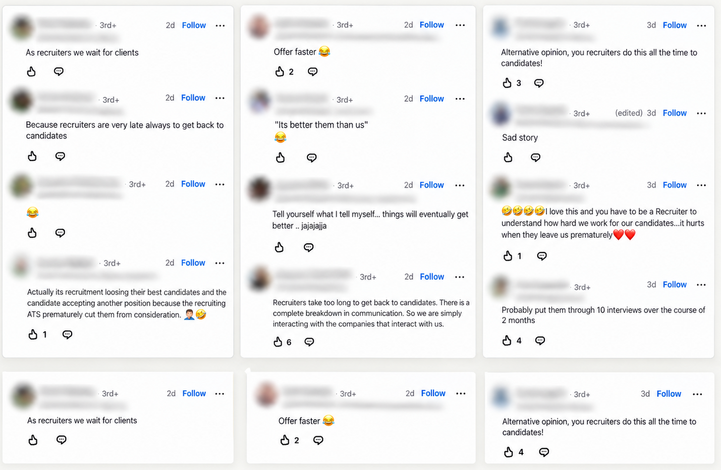 Collage of anonymized LinkedIn comments discussing why strong job candidates leave hiring processes, including slow recruiter follow-up, delayed client feedback, lengthy interviews, and faster competing offers.