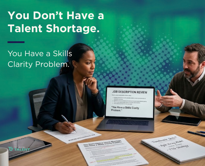 Skills clarity in technical hiring graphic showing two professionals reviewing a job description and hiring requirements