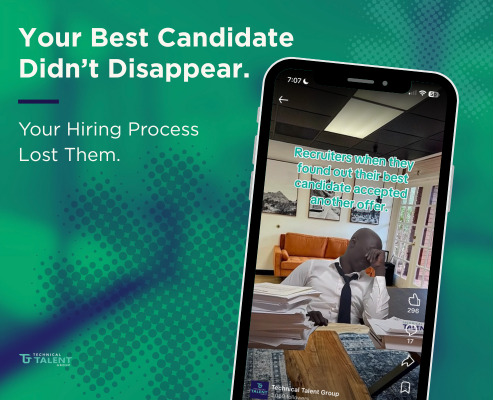 TTG blog graphic with the headline “Your Best Candidate Didn’t Disappear. Your Hiring Process Lost Them,” featuring a smartphone mockup showing a recruiter meme about a top candidate accepting another offer.